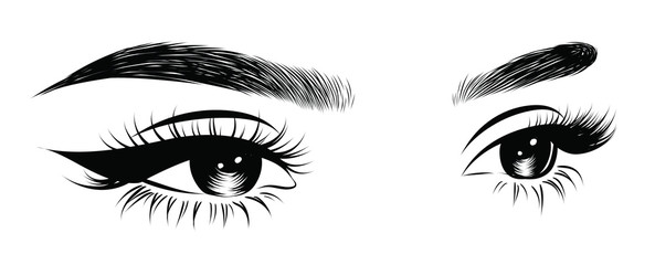 Fototapeta premium Abstract fashion illustration of the eye with creative makeup. Hand drawn vector idea for business visit cards, templates, web, salon banners,brochures. Natural eyebrows and glam eyelashes
