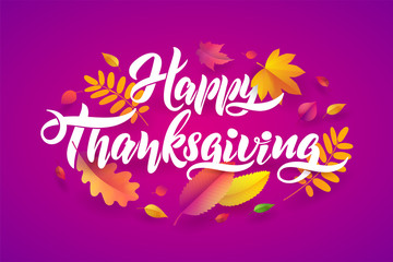 Fototapeta na wymiar Vector Hand drawn Lettering Happy Thanksgiving typography poster with fallen leaves on purple background