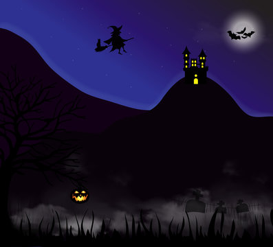 Scary graveyard and castle on the hill. Halloween moonlight background