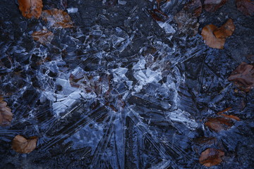 a puddle with broken ice