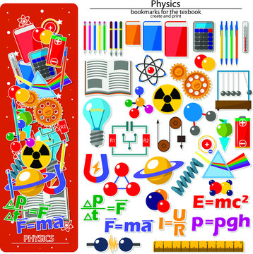 Bookmark creation kit on the physics school theme. All elements are located on different layers and can be easily manipulated.