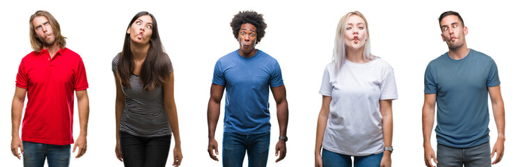 Composition of african american, hispanic and caucasian group of people over isolated white background making fish face with lips, crazy and comical gesture. Funny expression.