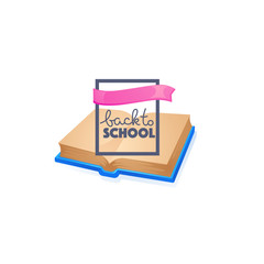 back to school, lettering composition with image of open cartoon book background for logo, label, emblem