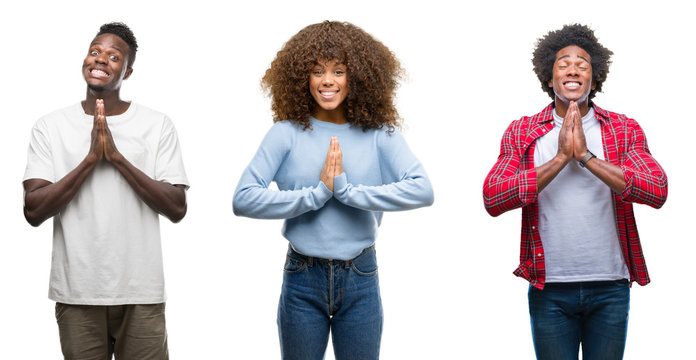 Collage of african american group of people over isolated background praying with hands together asking for forgiveness smiling confident.