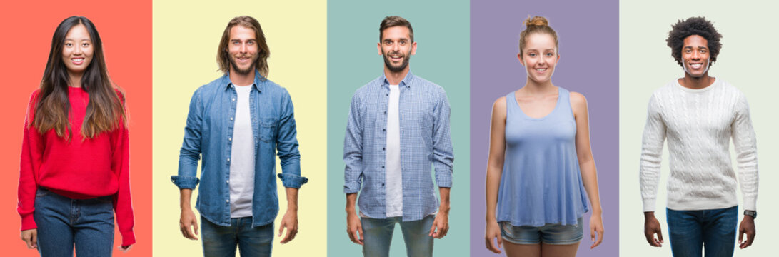 Composition of african american, hispanic and chinese group of people over vintage color background with a happy and cool smile on face. Lucky person.