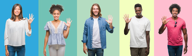 Composition of african american, hispanic and chinese group of people over vintage color background showing and pointing up with fingers number five while smiling confident and happy.