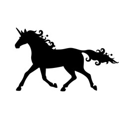Isolated black silhouette of running, trotting unicorn on white background. Side view.