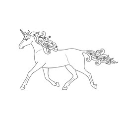 Isolated black outline running, trotting unicorn on white background. Side view. Curve lines. Page of coloring book.