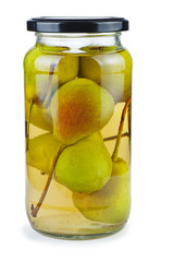 Pears canned in glass jar isolated on white background