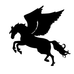 Isolated black silhouette galloping, jumping pegasus on white background. Side view of horse with wings.