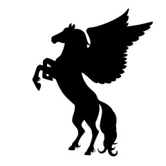 Isolated black silhouette of rearing pegasus on white background. Side view of horse with wings.