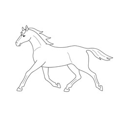 Isolated black outline running, trotting horse on white background. Side view. Curve lines. Page of coloring book.