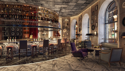 Modern Old Fashioned Restaurant Lounge Bar 3D Rendering - obrazy, fototapety, plakaty