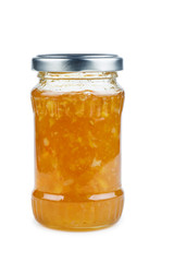 Homemade lemon jam in glass jar isolated on white background