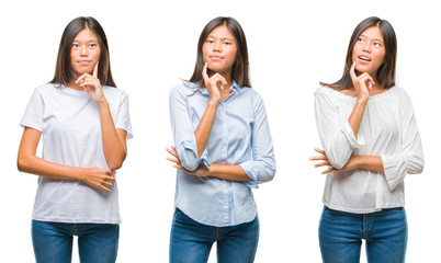 Fototapeta premium Collage of asian young woman standing over white isolated background with hand on chin thinking about question, pensive expression. Smiling with thoughtful face. Doubt concept.