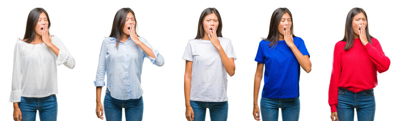 Composition of chinese asian woman over isolated background bored yawning tired covering mouth with hand. Restless and sleepiness.