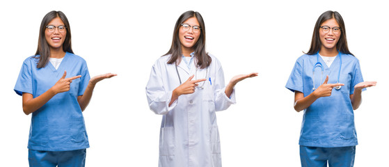 Obraz premium Collage of asian young surgeon doctor or nurse woman standing over white isolated background amazed and smiling to the camera while presenting with hand and pointing with finger.