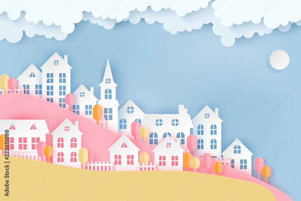 Poster urban countryside landscape village with cute paper houses, trees and fluffy clouds. autumn pastel c