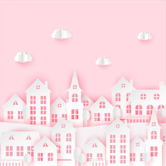 Urban countryside landscape village with cute paper houses and fluffy clouds. Romantic pastel colored paper cut background