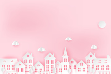 Urban countryside landscape village with cute paper houses and fluffy clouds. Romantic pastel colored paper cut background