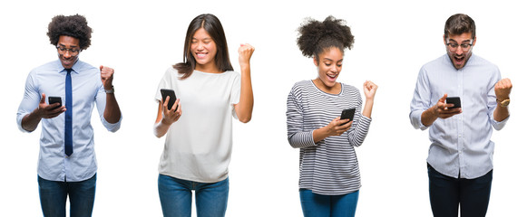 Obraz premium Collage of people texting sending message using smartphone over isolated background screaming proud and celebrating victory and success very excited, cheering emotion