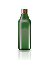 Blank green cosmetic square bottle with cap lid for beauty or healthy product. Isolated on white background with reflection shadow. Ready to use for package design. Vector illustration.