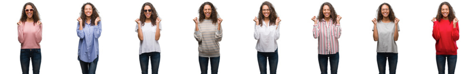 Composition of young brazilian woman isolated over white background excited for success with arms raised celebrating victory smiling. Winner concept.