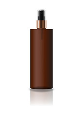 Blank brown cosmetic cylinder bottle with pressed spray head for beauty or healthy product. Isolated on white background with reflection shadow. Ready to use for package design. Vector illustration.