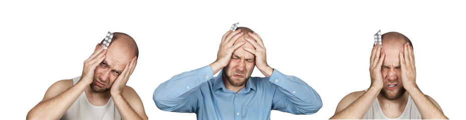 Set with emotions of a young bald guy with headache, isolated on white background.