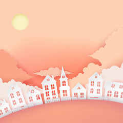 Urban countryside landscape village with cute paper houses and fluffy clouds. Autumn pastel colored paper cut background