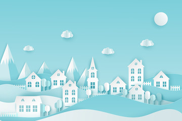 Urban countryside landscape village with cute paper houses, trees, mountains and fluffy clouds. Pastel colored paper cut background