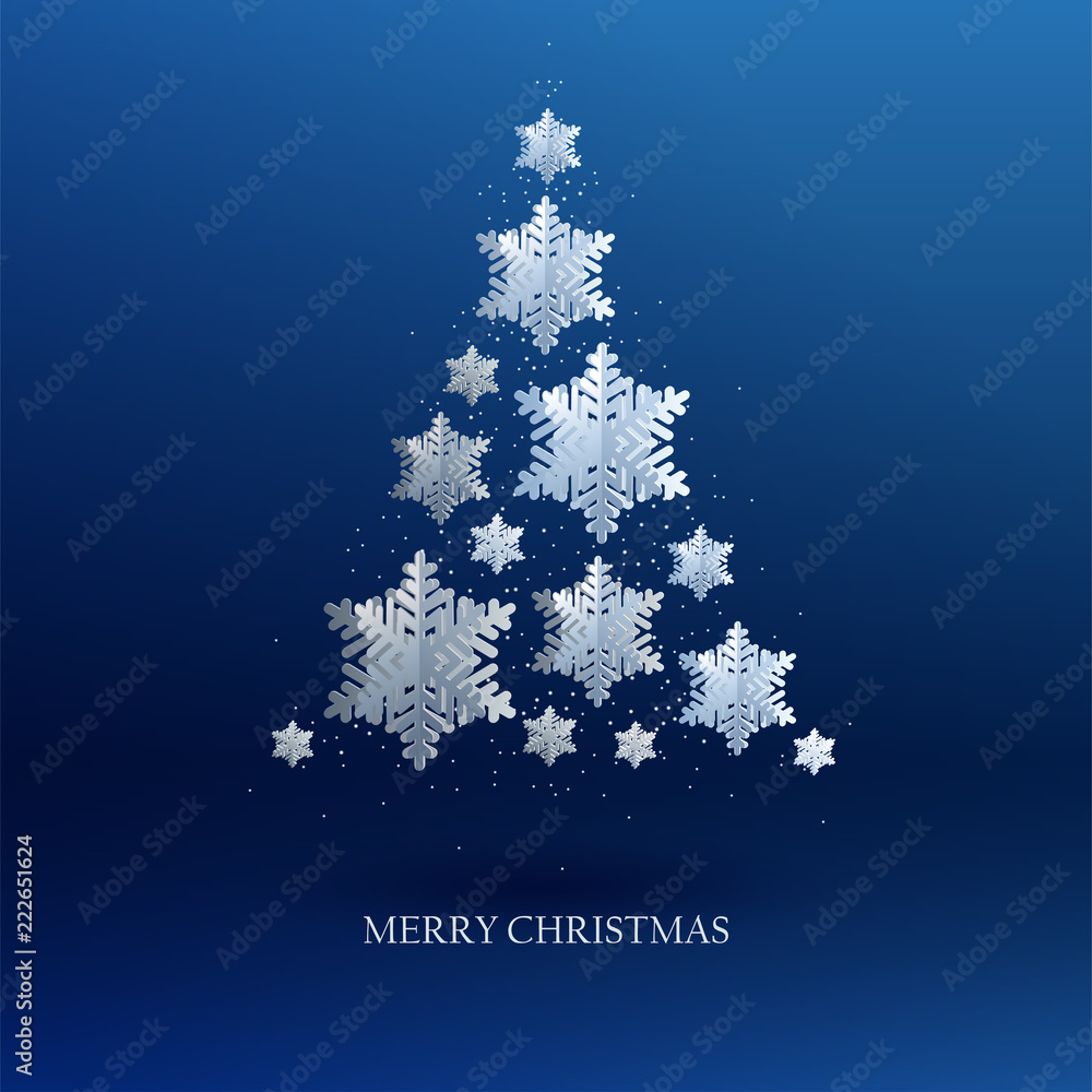 Poster abstract background with xmas tree made of volumetric paper snowflakes. white 3d snowflakes with sha
