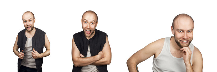 Set of different emotions of a young bald guy, isolated on white background.