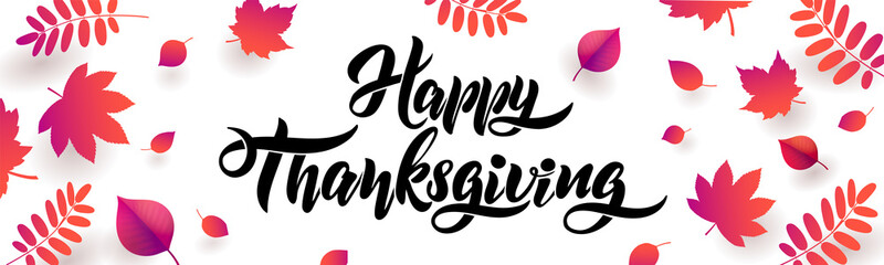Vector Hand drawn lettering Happy Thanksgiving typography poster with fallen leaves on white background