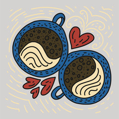 Doodle Coffee Vector Illustration. Hand drawn color cartoon two coffee cups with hearts.