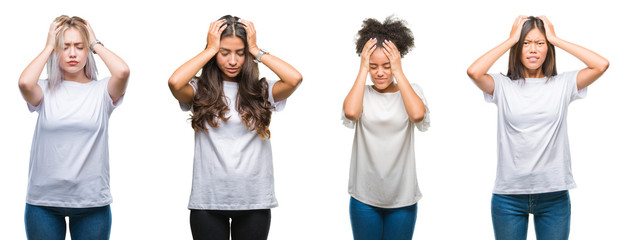 Collage of group of chinese, arab, african american woman over isolated background suffering from headache desperate and stressed because pain and migraine. Hands on head.