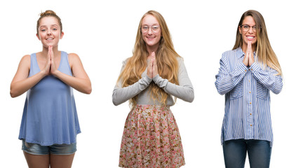 Fototapeta premium Collage of group of blonde women over isolated background praying with hands together asking for forgiveness smiling confident.