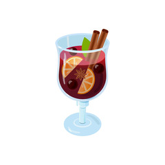 Mulled wine. Autumn drink. Christmas holiday alcoholic cocktail. Vector EPS10 . Colorful realistic hand drawn illustration glintwein. Anise star, cinnamon sticks, orange, wine and cloves.