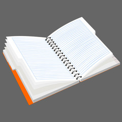Notepad with metal spiral turn pages. Vector. Isolated notebook with metal spiral and alphabet.