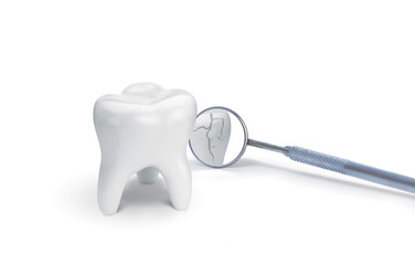 Broken tooth with dental mirror on white background. Creative idea - 222656065