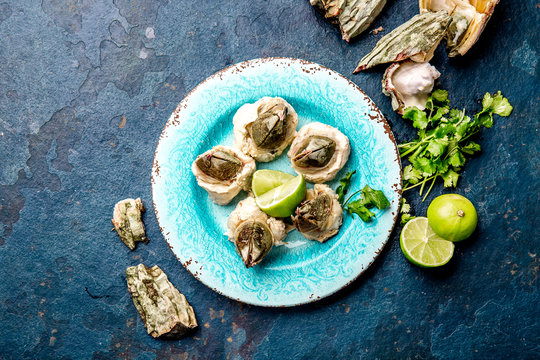 SEAFOOD PICOROCO. Prepared picoroco, Austromegabalanus psittacus, the giant barnacle or picoroco. Chilean and peruvian cost seafood.