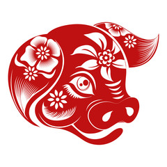 Chinese Zodiac Sign Year of Pig,Red paper cut pig,Happy Chinese New Year 2019 year of the pig