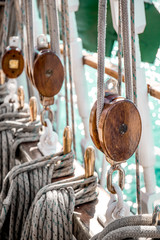 Old ship tackles. Old sailing ship vessel. Background