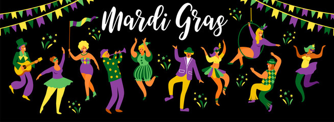 Mardi Gras. Vector illustration of funny dancing men and women in bright costumes. © Nadia Grapes