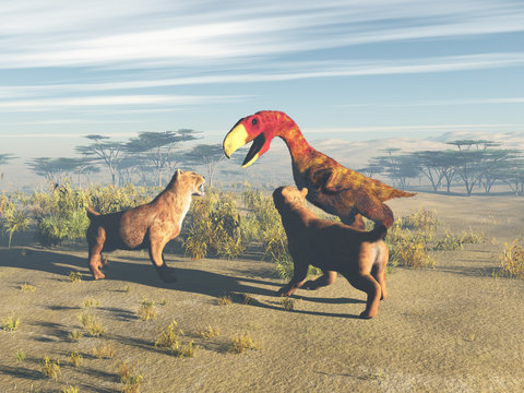 Tigres dientes de sable enfrentando a un ave del terror