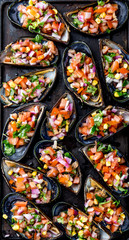 PERUVIAN FOOD. Choros a la chalaca. Big mussels, choros zapatos seasoned with purple onion, tomatoes, corn and lemon. Top view, black background. Traditional peruvian dish