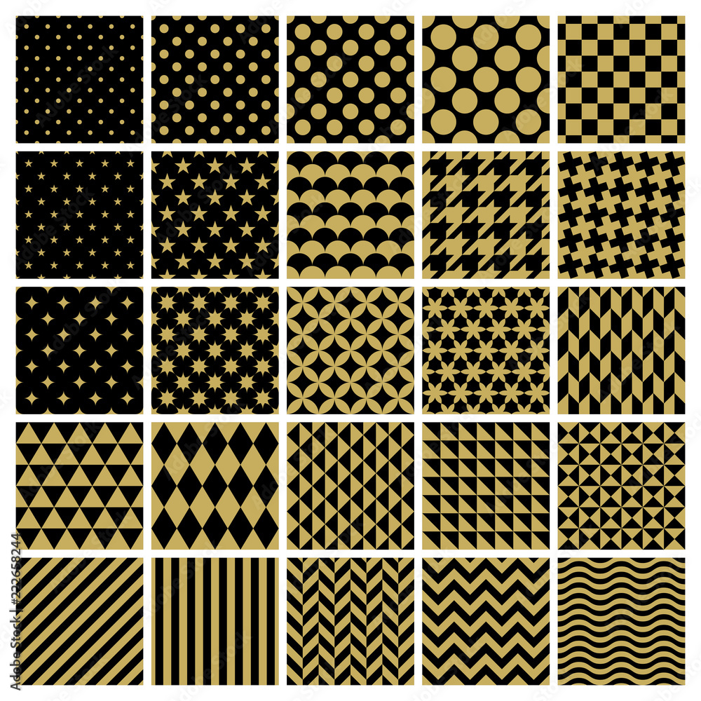 Poster Set of 25 classic geometric patterns. Vector seamless gold patterns.