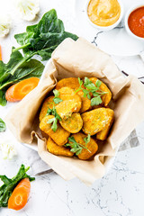 Healthy vegetarian nuggets with carrots, cauliflower and spinach. Vegetable nuggets. Vegan food....