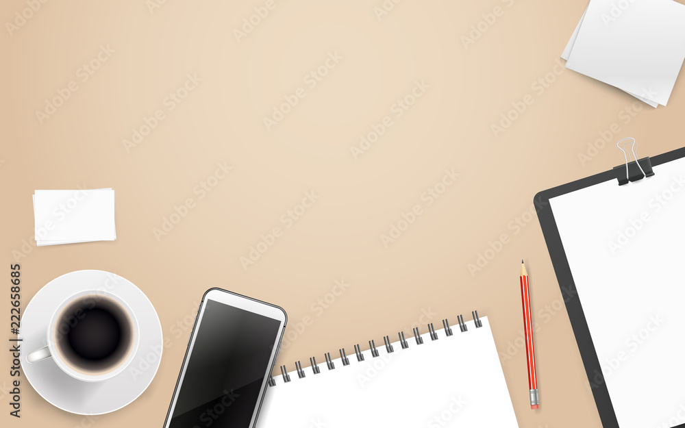 Poster Office workplace with different business stuff. Template for a text