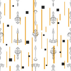 Vector seamless pattern of arrows in art nouveau style. Сontour graphics with a little color accent